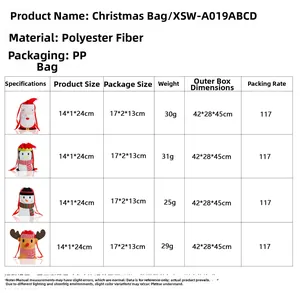 Detailed size chart showing dimensions and weight for Christmas candy gift bags