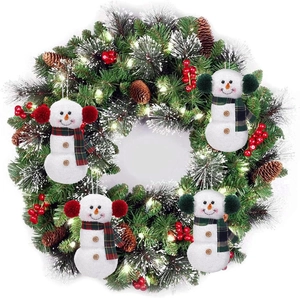 Set of 4 Christmas snowman hanging ornaments with colorful scarves and earmuffs on a wreath