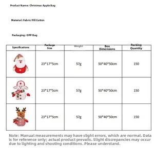 Detailed size chart and specifications for Christmas fabric gift bags featuring elk and snowmen