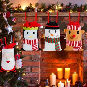 Set of 4 Christmas felt drawstring candy bags with Santa Penguin Snowman and Reindeer