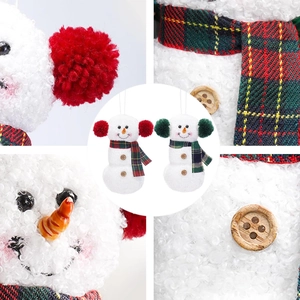 Set of two plush snowman ornaments with earmuffs and checkered scarves for holiday decor