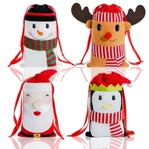 Set of four plush Christmas candy gift bags with Santa, Reindeer, Snowman and Penguin