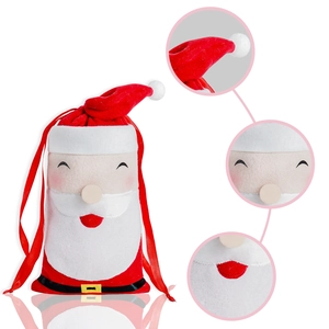 Detail of Santa Claus plush gift bag showing white beard and secure drawstring closure