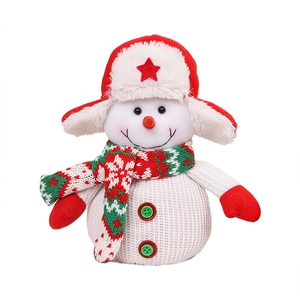 Plush snowman doll with knit texture and red star hat, festive winter holiday decoration