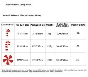 Size chart showing dimensions and weight for candy-shaped plush pillows and candy canes