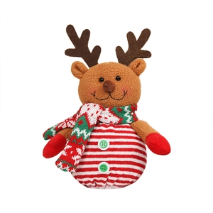 Detailed view of a plush Christmas reindeer toy with striped sweater and red antlers