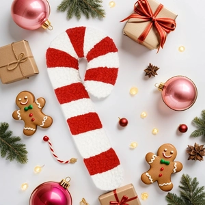Detail of candy cane plush pillow with sherpa texture in a festive holiday flat lay setting