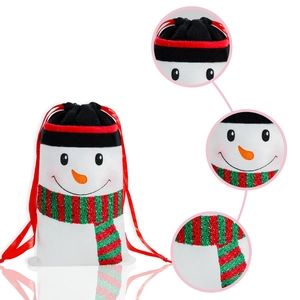 Christmas snowman drawstring candy bag with red ribbon and striped scarf detail