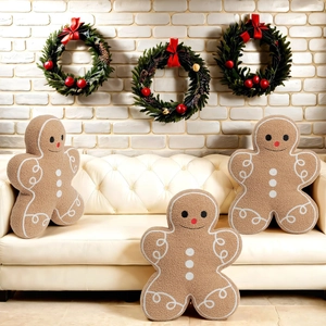 Plush gingerbread man pillow made of khaki teddy velvet fabric for Christmas decor