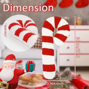 Red and white striped Christmas candy cane plush pillow with size dimensions shown