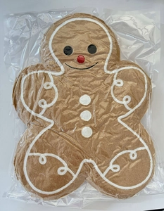 Detail of gingerbread man plush pillow with white embroidery in clear protective bag