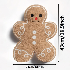 Gingerbread man plush pillow 17 inch height with soft sherpa fabric and embroidery details