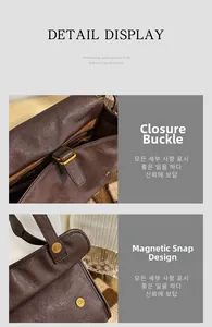 Detail of dark brown leather messenger bag with gold buckle and magnetic closure