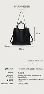 Detailed size specifications for black lychee grain leather tote bag showing 30cm width
