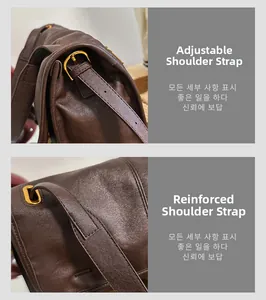 Close-up of adjustable strap with gold hardware and stitching on brown leather messenger bag