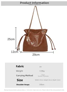 Detailed size guide and specifications for quilted chain bucket bag with dimensions