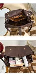 Macro view of large capacity dark brown leather tote interior and organized compartments