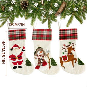 Set of 3 linen Christmas stockings with Santa, snowman and reindeer embroidery designs
