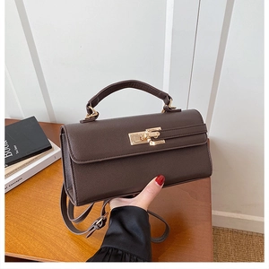 Détail d'un sac à main marron foncé avec fermoir doré et texture cuir de litchi