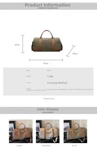Detailed size chart for the canvas travel bag showing dimensions 47x25x24cm and weight 0.72kg