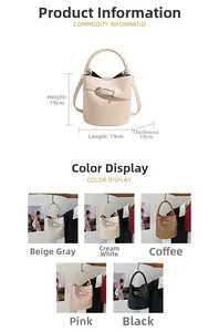 Detailed size specifications and five color options for the lychee leather bucket bag