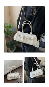 Detailed views of beige bowling bag with dual front pockets and adjustable shoulder strap