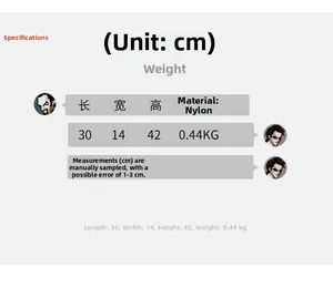 Detailed size chart for nylon student backpack showing 30x14x42cm and 0.44kg weight
