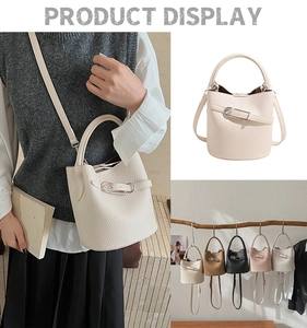 Litchi pattern bucket bag showing hand-carry and crossbody styles in various colors