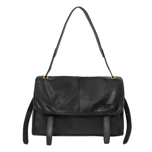Minimalist black rectangular leather shoulder bag with gold hardware and flap closure
