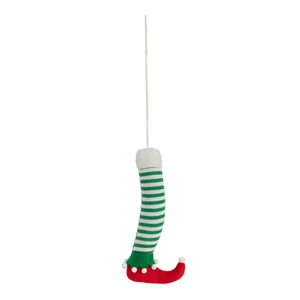 Christmas elf leg ornament with green striped knit and red pointed boots for tree decor