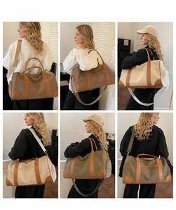 Mehrfachansicht der Canvas-Reisetasche mit Lederbesatz und verstellbarem Schultergurt
