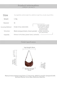 Size guide for vintage pleated croissant bag showing 28cm width and PU material specs