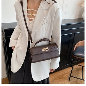 Détail d'un sac à main marron foncé en cuir grainé avec fermoir rotatif doré métallique