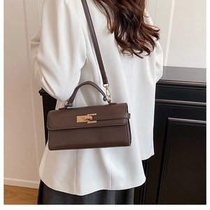 Détail d'un sac à main en cuir marron foncé avec boucle en métal doré et texture lisse