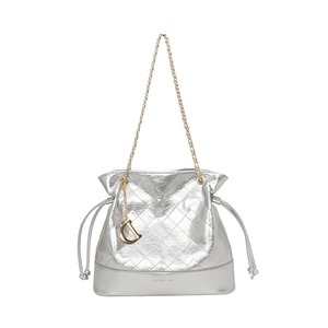 Silver quilted bucket bag with chain strap and metallic finish for chic commuting