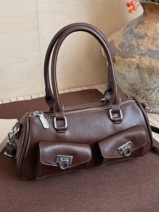 Women's Retro PU Leather Baguette Crossbody Bag Double Pockets Silver Buckle Handbag Fashion Versatile Daily Shoulder Bag