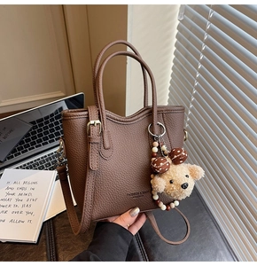 Detailed shot of brown litchi pattern bucket bag with cute plush puppy keychain