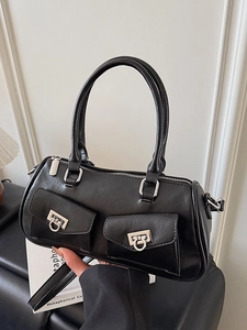Classic black boston handbag with dual handles and silver Gancini buckles