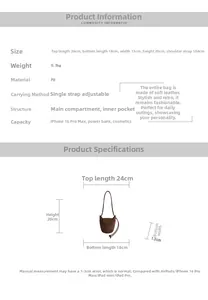 Size chart for brown PU leather bucket bag showing dimensions 24x18x20cm and capacity