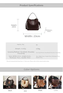 Detailed size chart and specifications for the large capacity PU leather bucket bag
