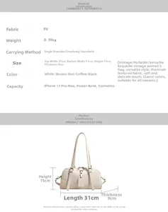 Detail view of white PU leather shoulder bag showing 31x15x9cm size and 0.39kg weight
