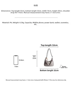 Detailed size chart for silver PU tote bag showing dimensions and smartphone comparison