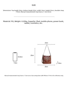 Guide des tailles pour sac bandoulière montrant les dimensions 25x23x10cm et le poids
