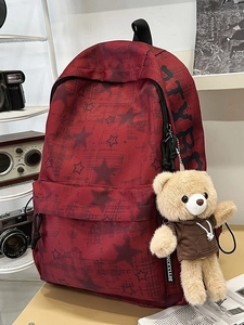 Large Capacity Nylon Star Print School Backpack For Girls Student Lightweight Fashion Travel Bag With Bear Pendant