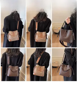 Multiple views showing the details and adjustable shoulder straps of retro bucket bags