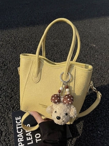 Fashion Litchi Pattern PU Leather Bucket Bag Women Retro Tote Shoulder Crossbody Bag With Cute Plush animal Charm