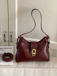 Retro Minimalist PU Leather Underarm Bag For Women Gold Metal Lock Oil Wax Texture Shoulder Crossbody Handbag Daily Sophisticated Chic