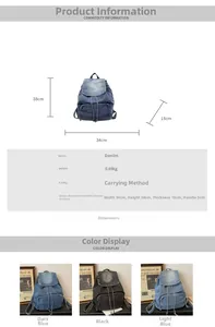 Tableau des tailles détaillé pour sac à dos en denim rétro avec dimensions et options de couleur