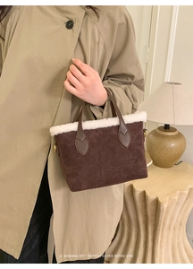 Detail view of brown plush hobo bag with retro monogram print and faux fur trim