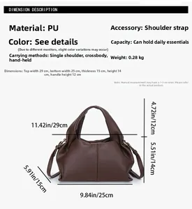 Brown PU leather cloud bag detail showing dimensions, crossbody strap, and 0.28kg weight